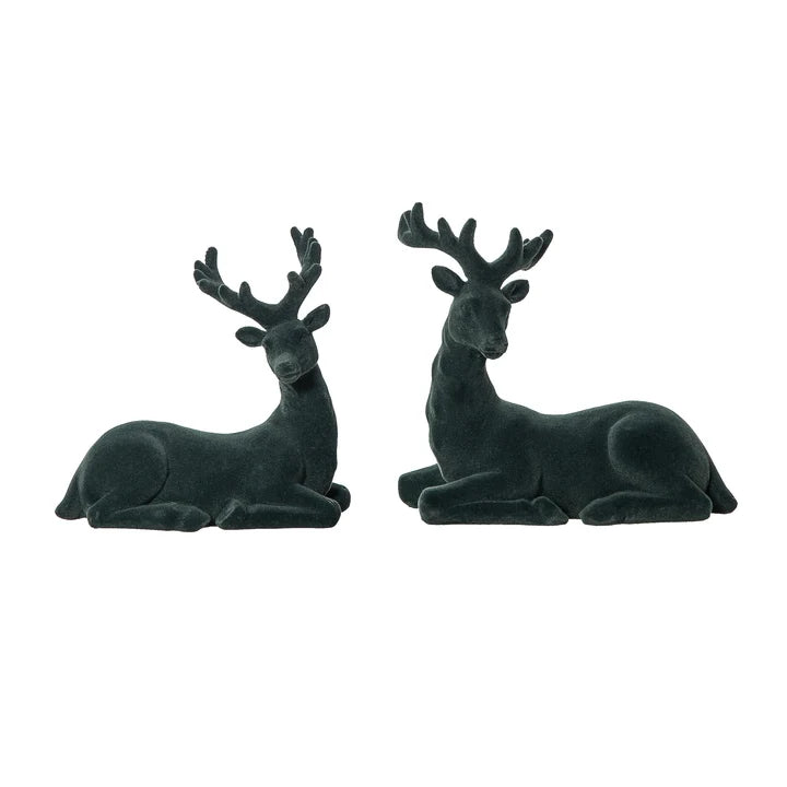 Set of 2 Green Flocked Reindeer