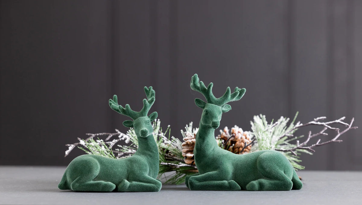 Set of 2 Green Flocked Reindeer