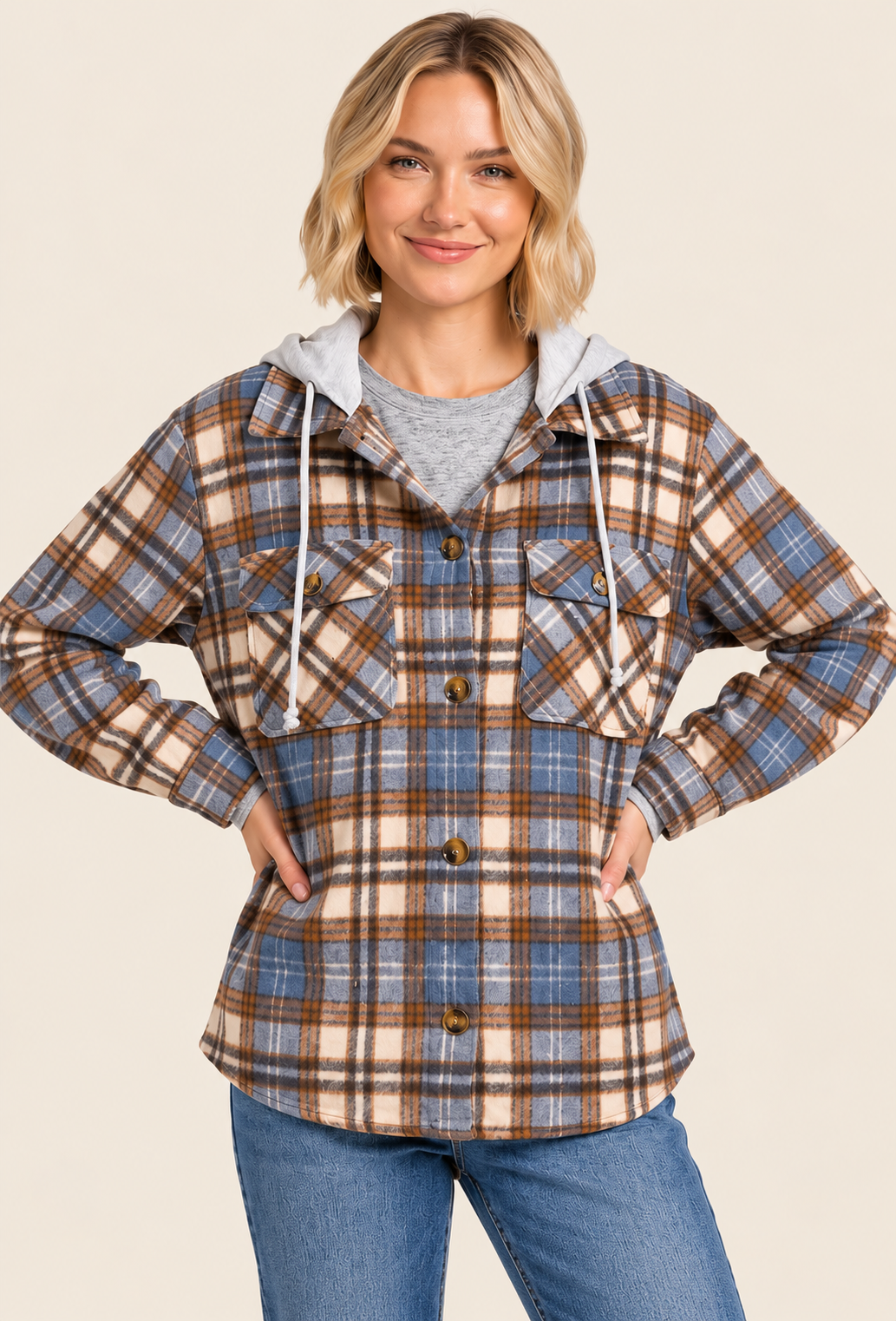 Plaid Flannel Button Shirt with Hood