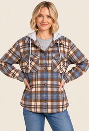 Plaid Flannel Button Shirt with Hood