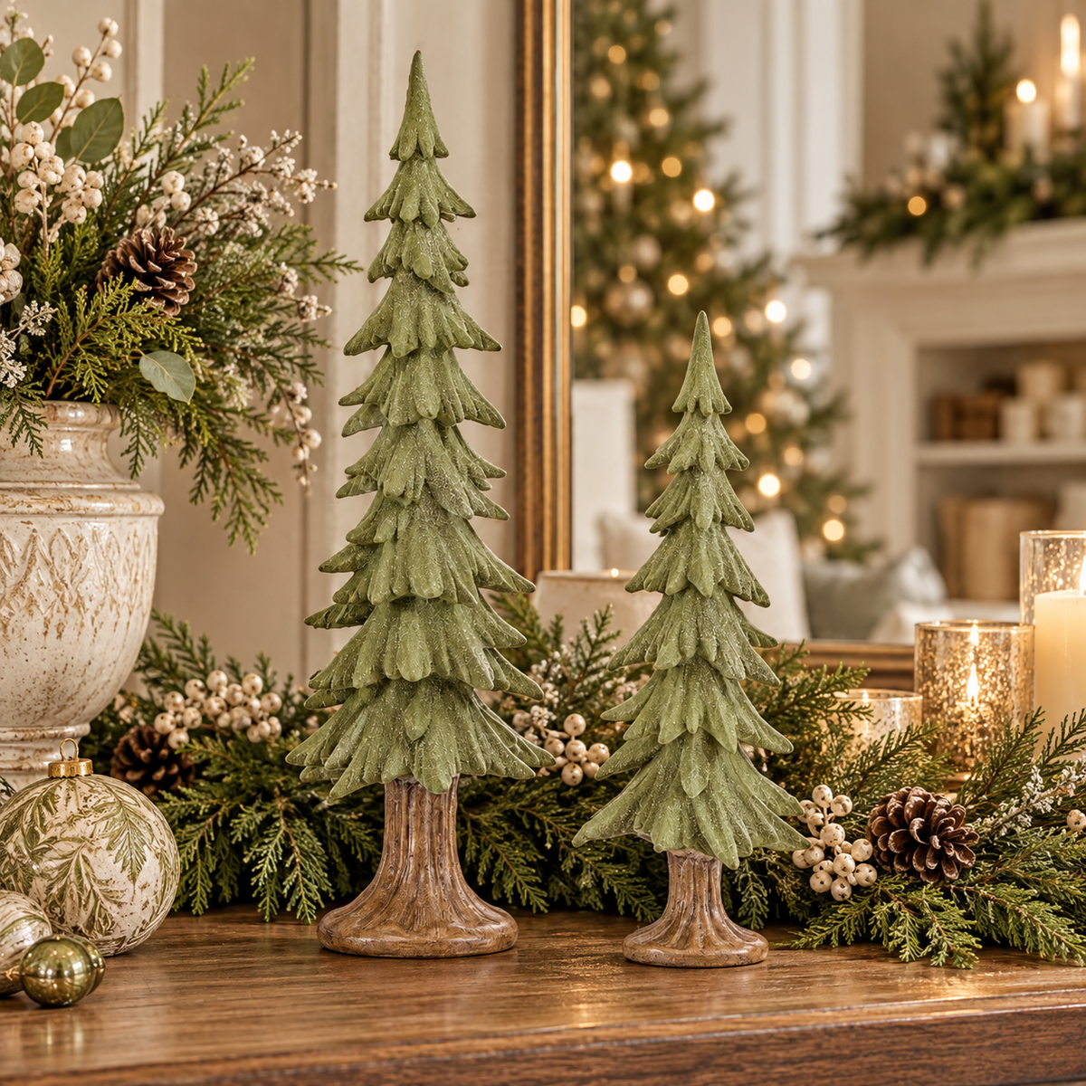 Set of 2 Flocked Green Trees