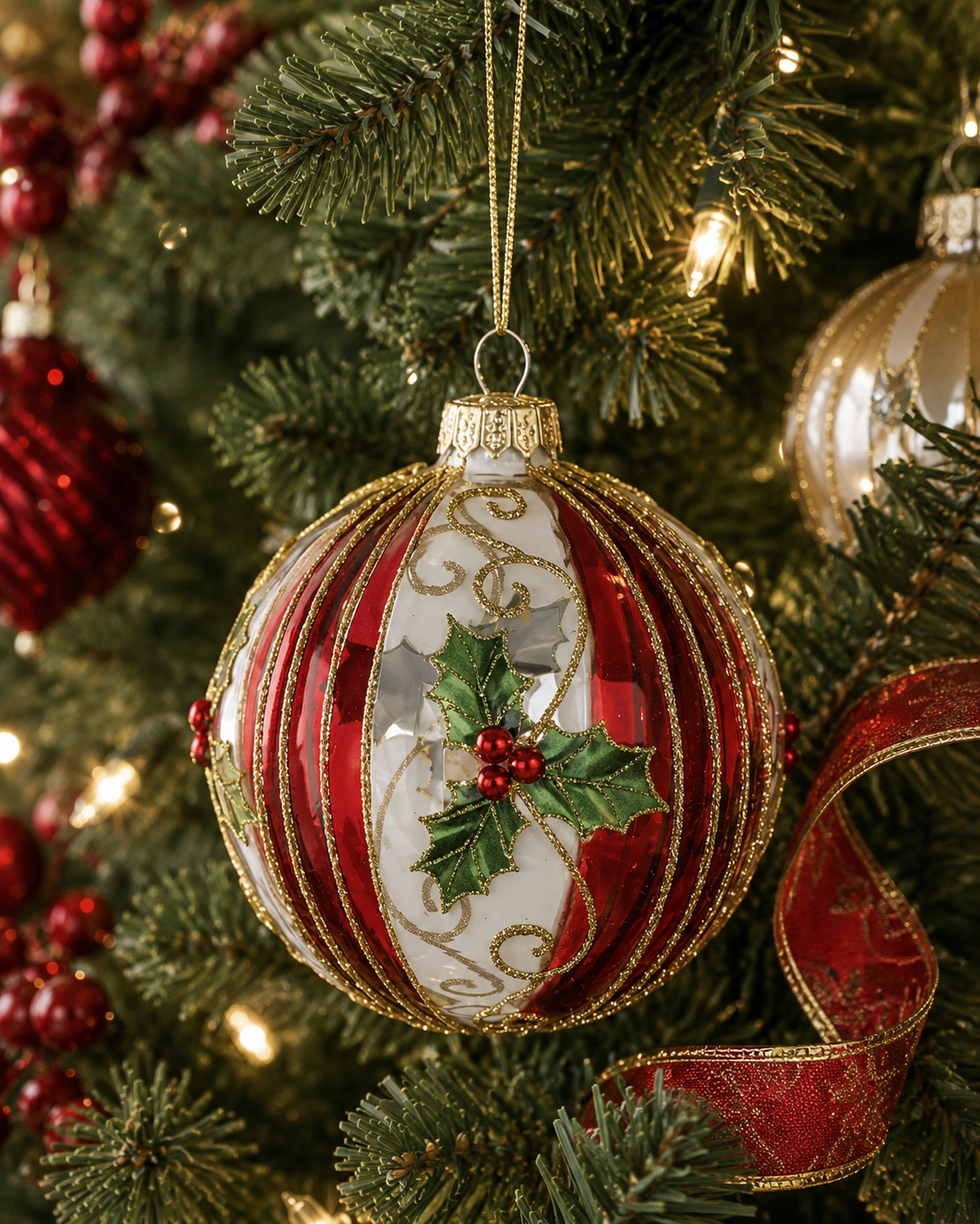 Holly Leaf Glass Ball Ornament