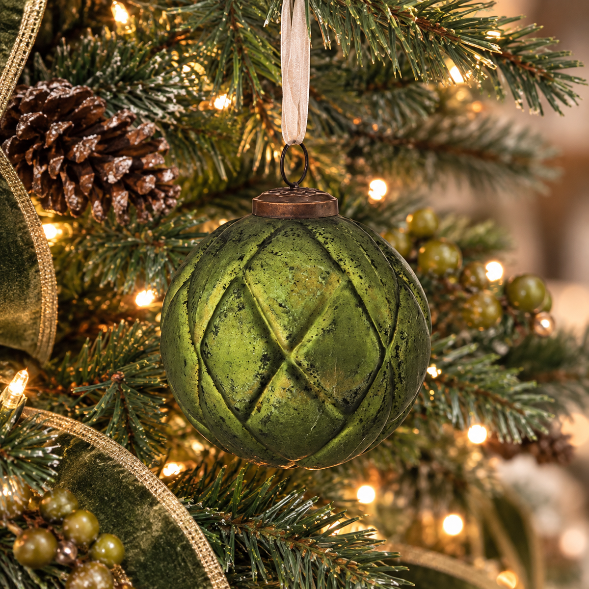 4" Glass Ribbed Forest Ball Ornament