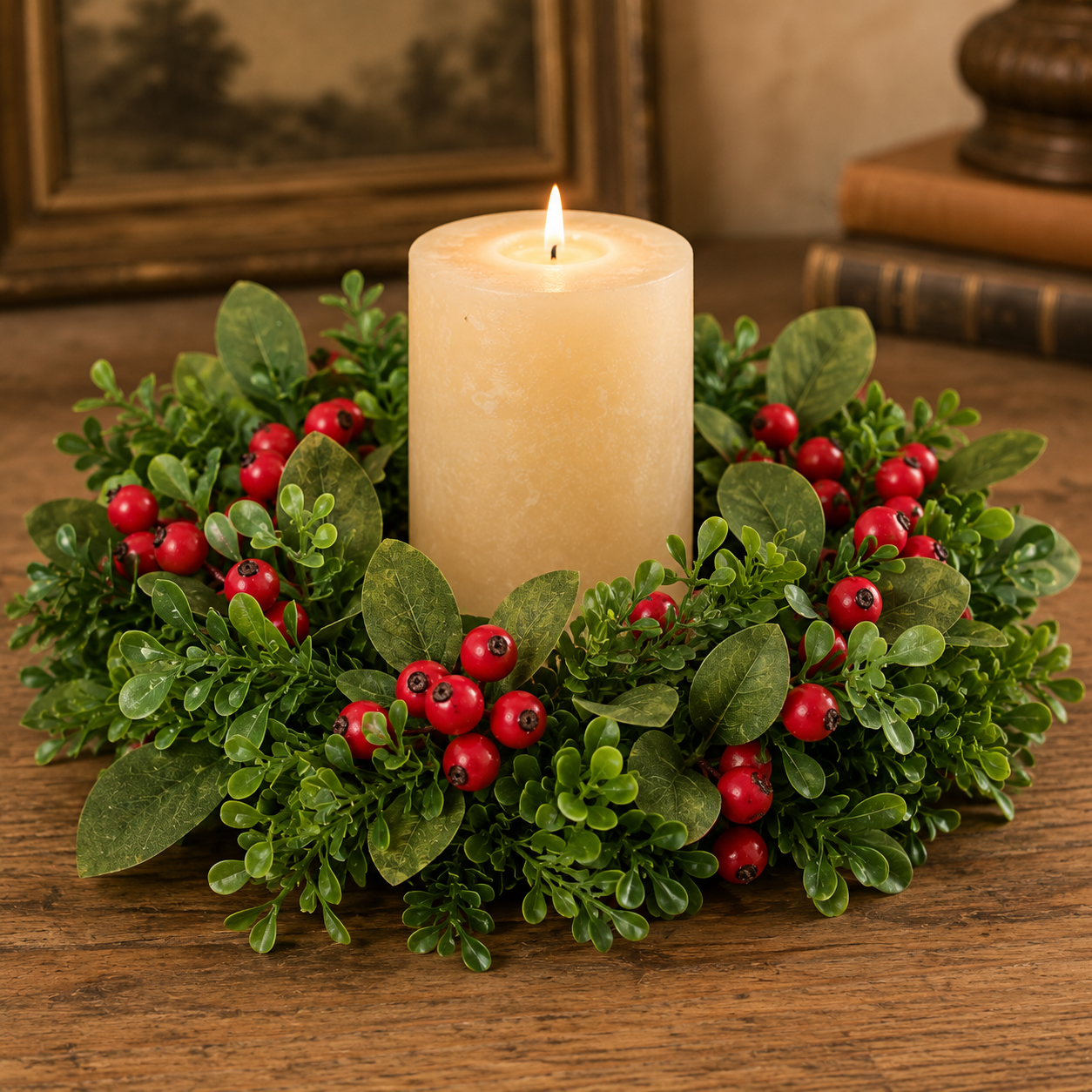 12" Mixed Boxwood Red Berry Candle Ring