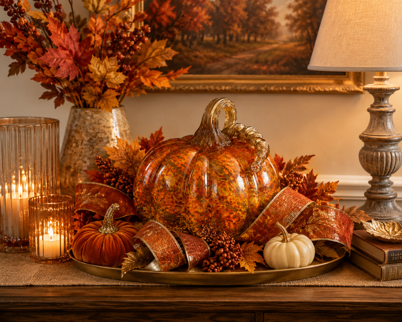 6.75" Handblown Orange Swirl Glass Pumpkin