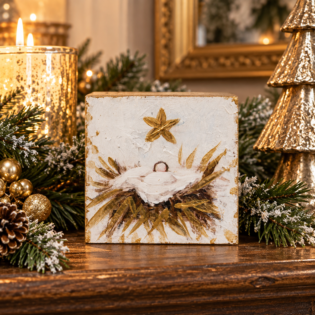 Hand Painted Manger with Star Block Sign