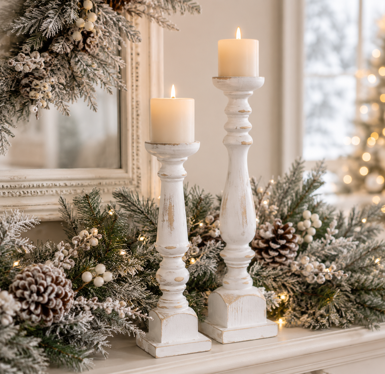 White Distressed Candle Sticks Pair