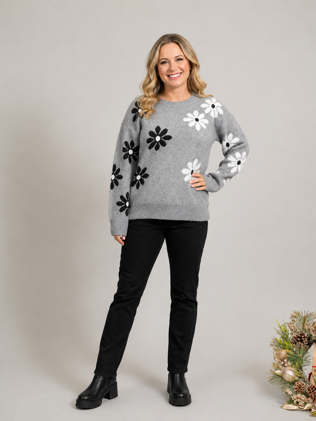 Gray Daisy Knit Intarsia Sweater By: Papillon