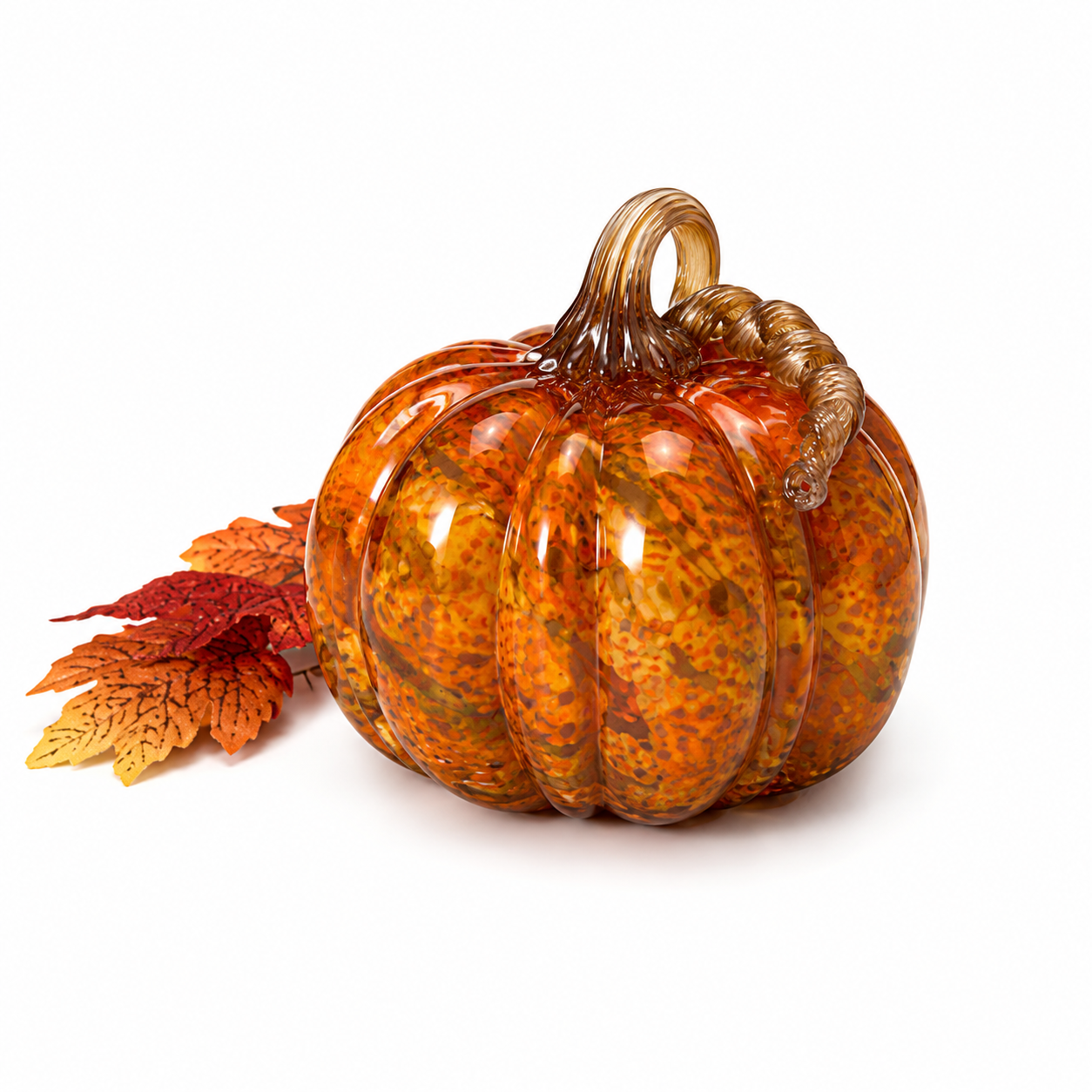 6.75" Handblown Orange Swirl Glass Pumpkin
