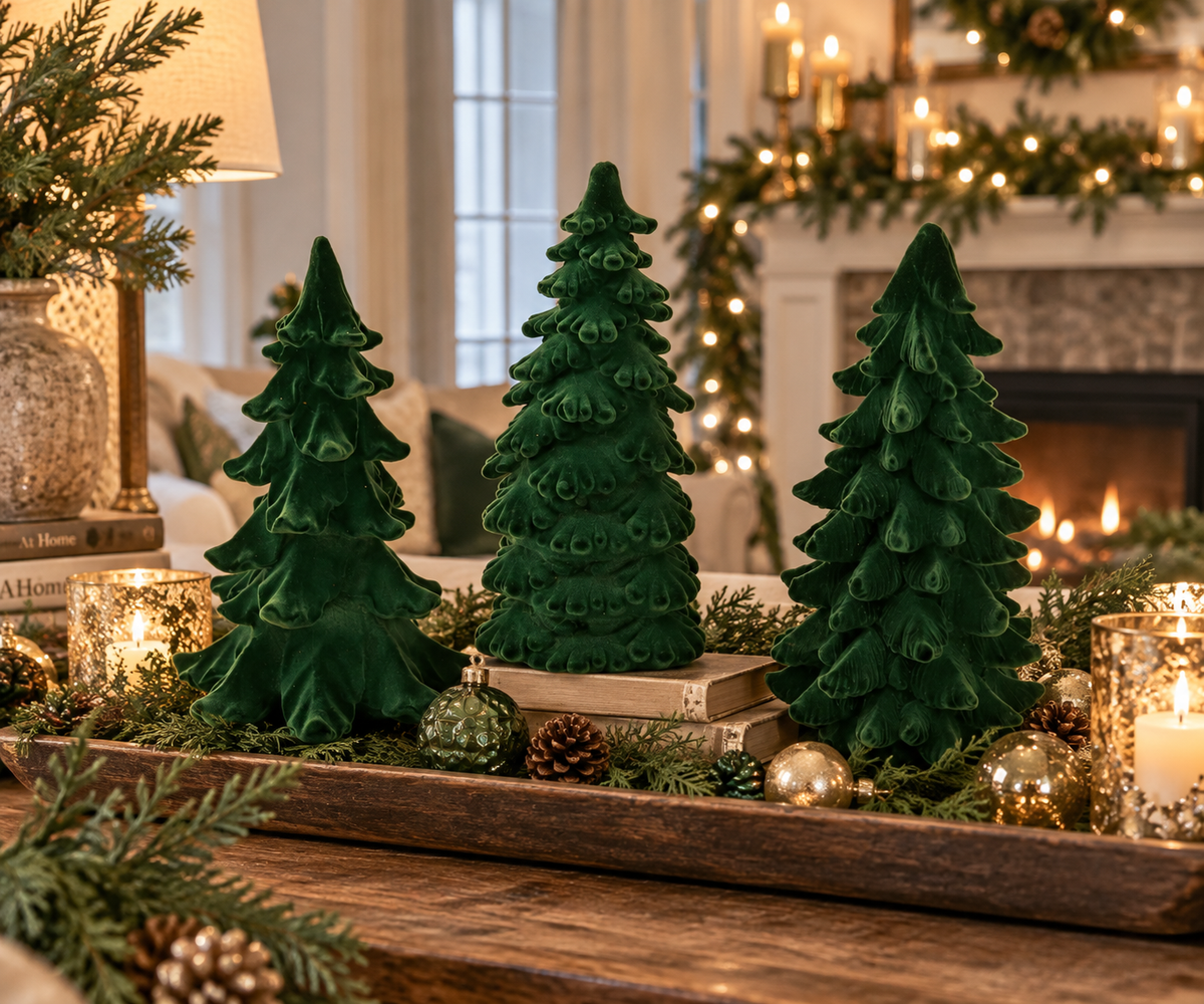 Set of 3 Textured Green Flocked Trees