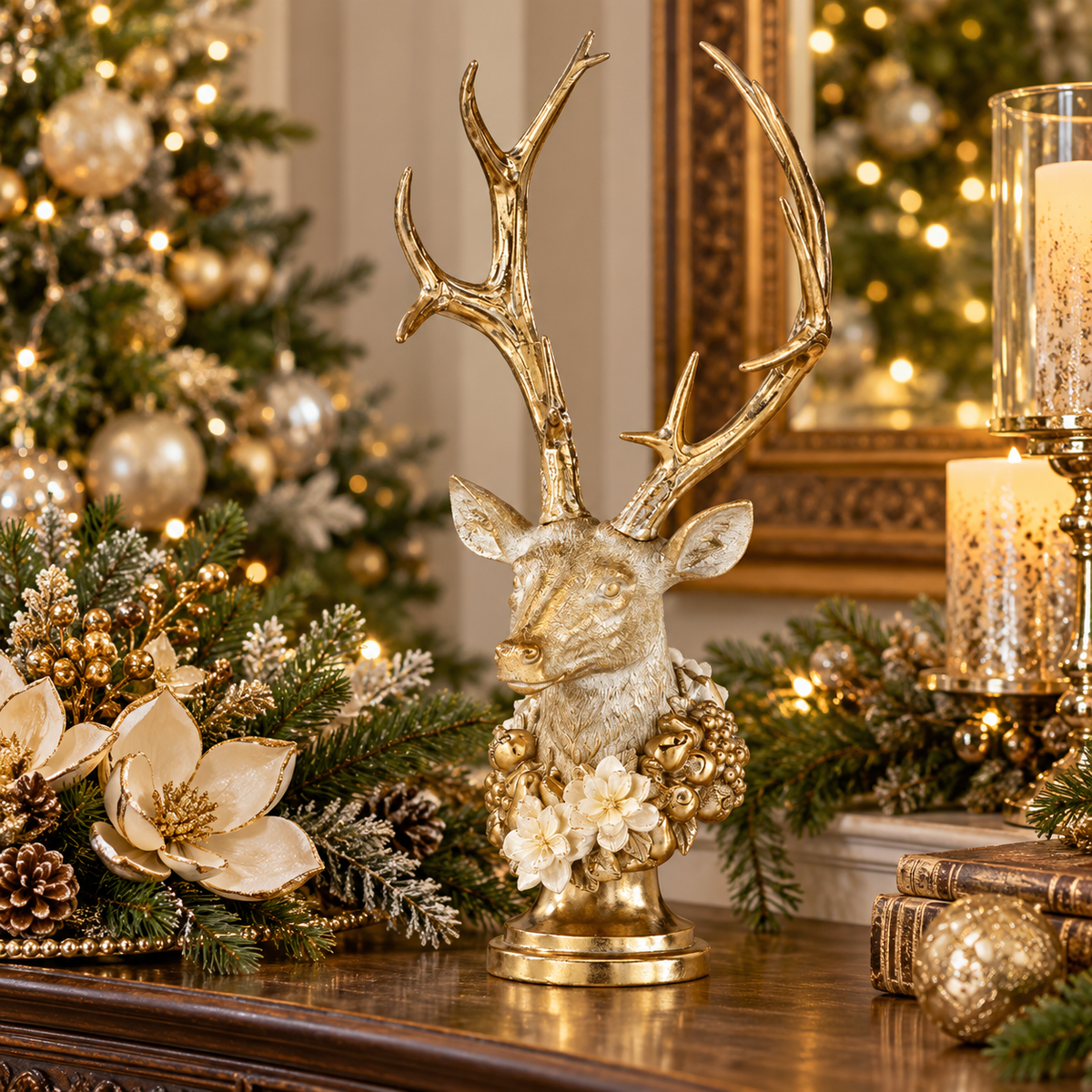 Ivory Gold 21" Deer Bust w/ Magnolia Garland