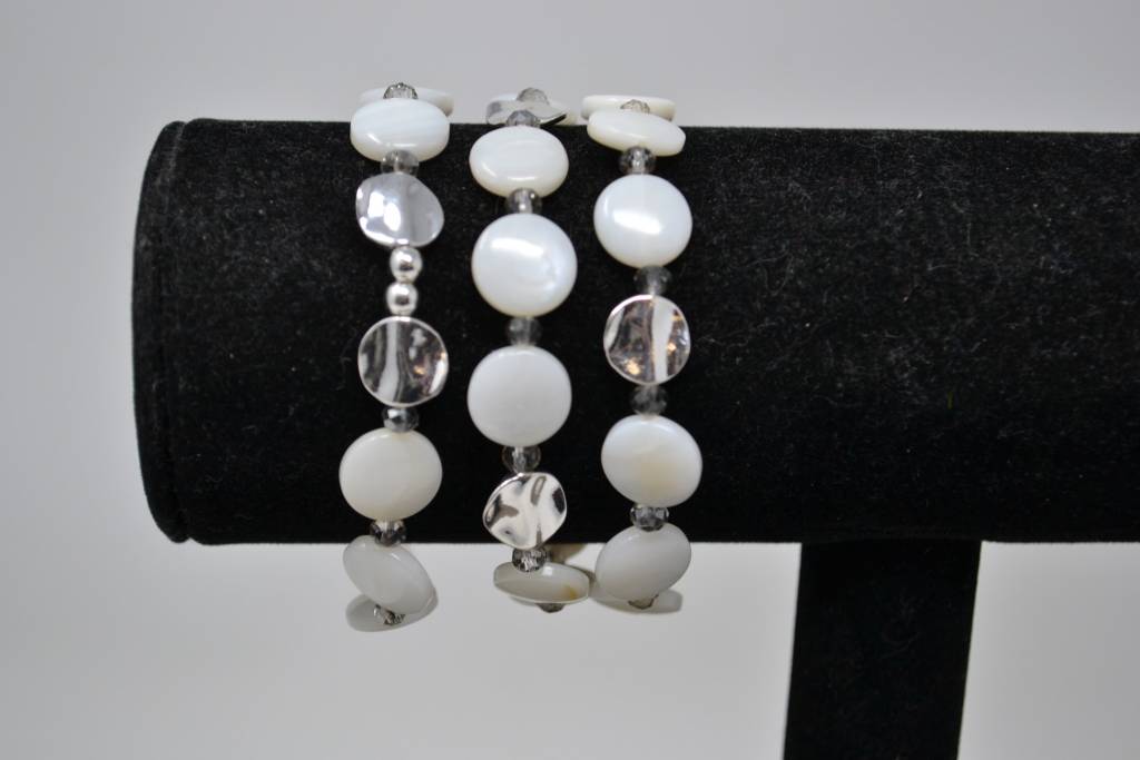 Cream & Silver Beaded Disc Stretch Bracelet Trio
