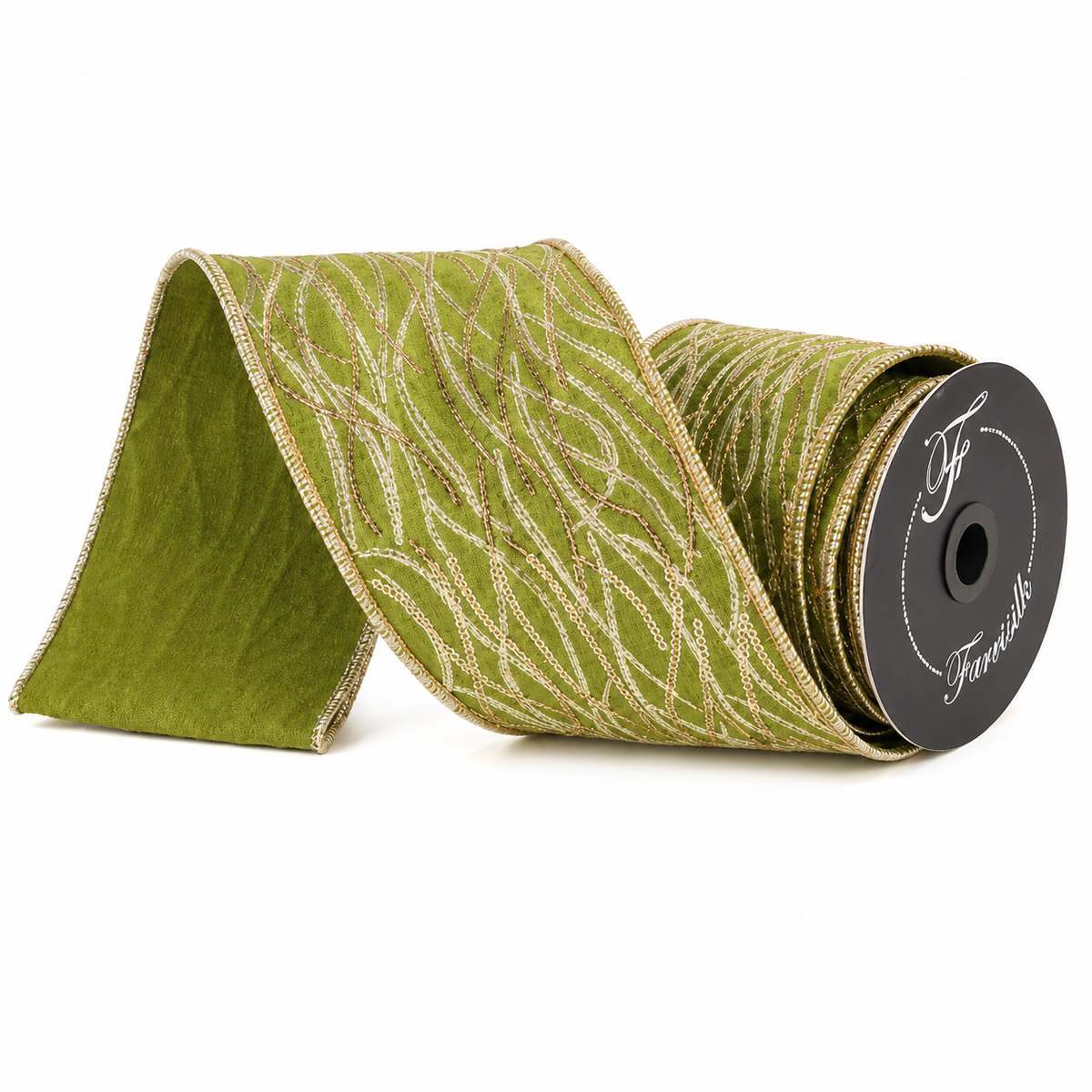 4" x 5 Yards Olive Sparkling Sprigs Wired Ribbon