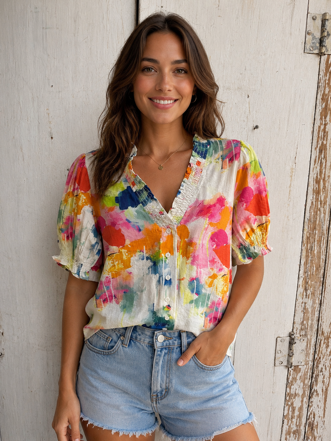 Watercolor Cloudburst V-neck Blouse By: Lior Paris