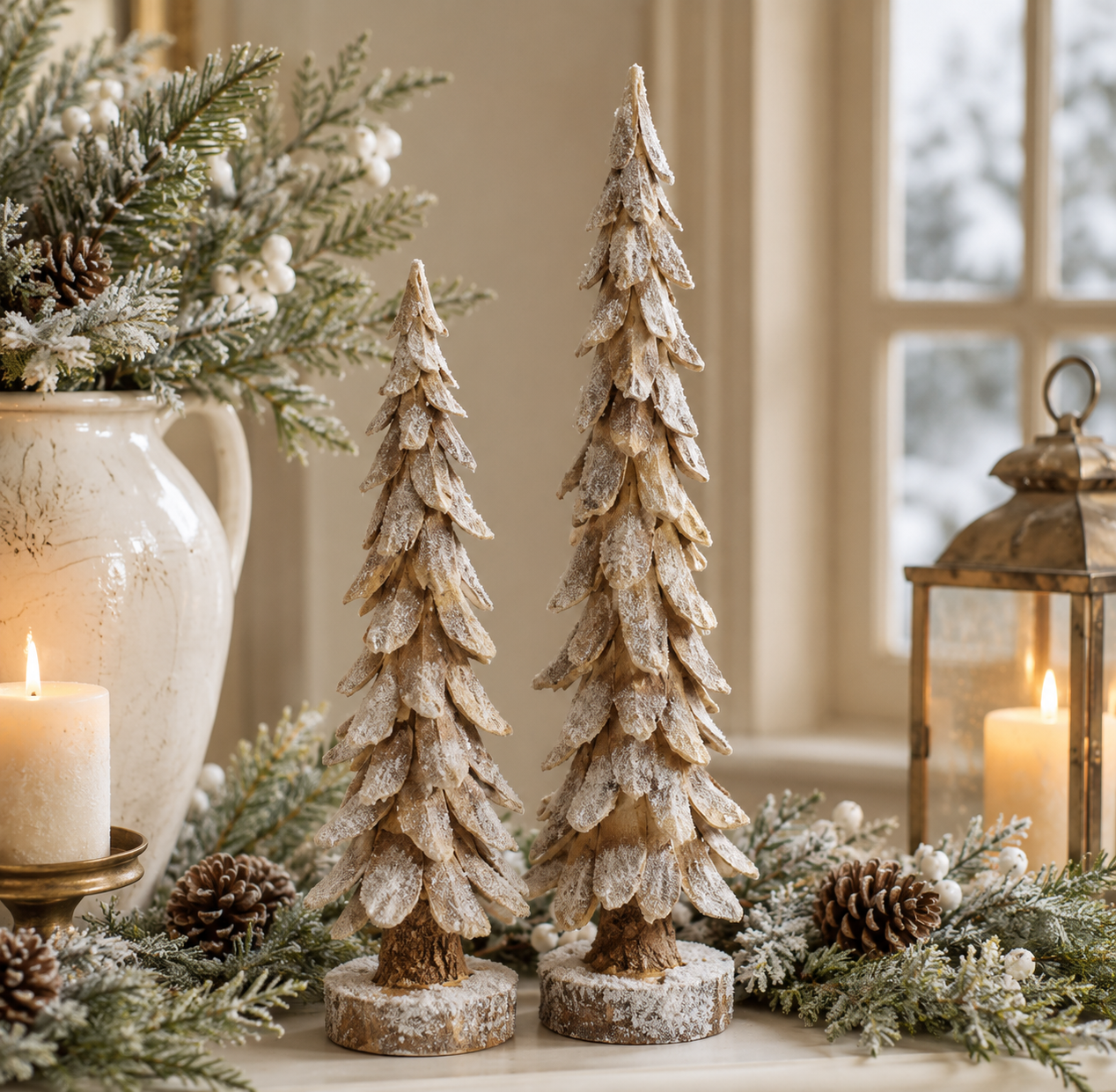 Set of 2 Rustic Snowy Trees