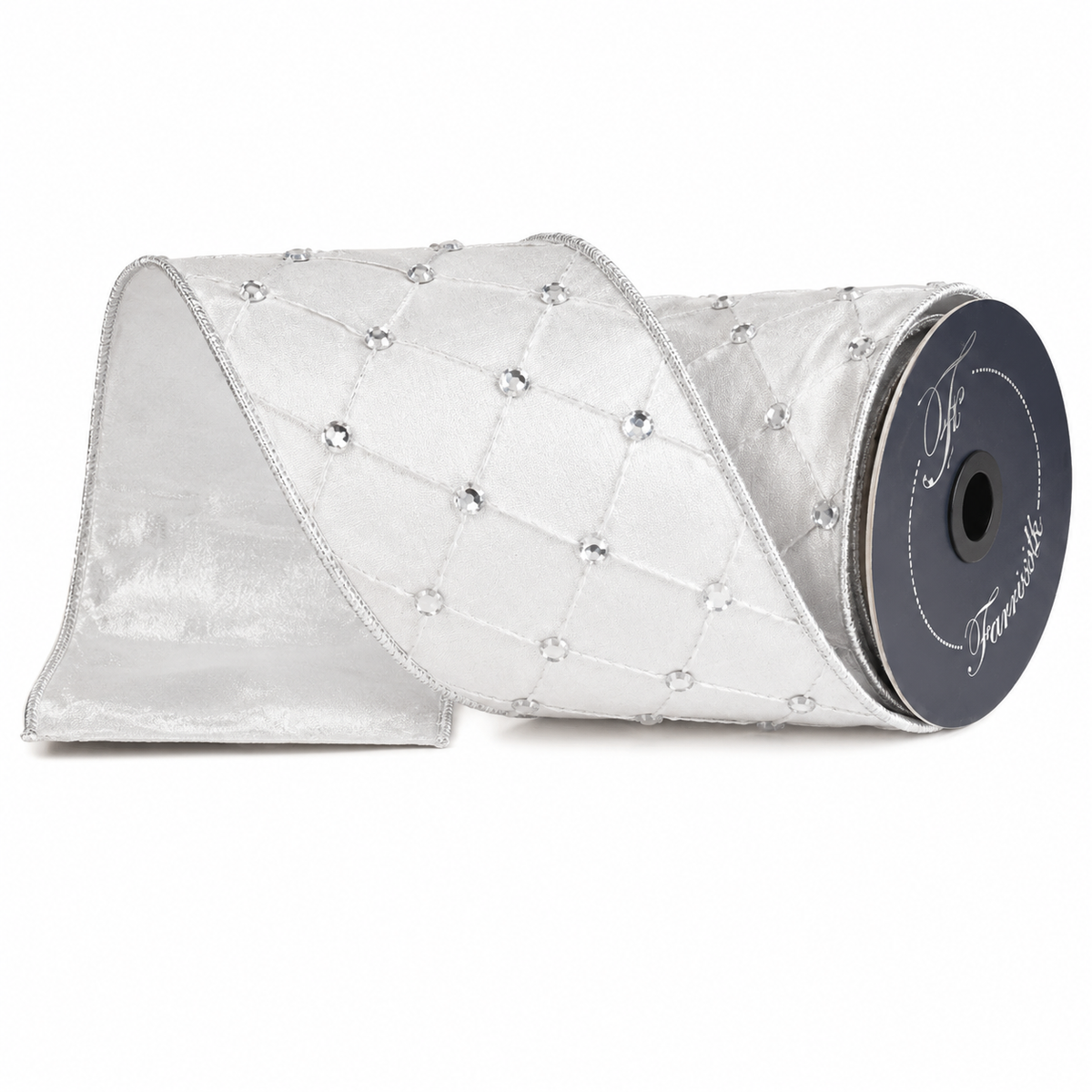 4" x 5 Yards Silver Queen's Quilt Wired Ribbon
