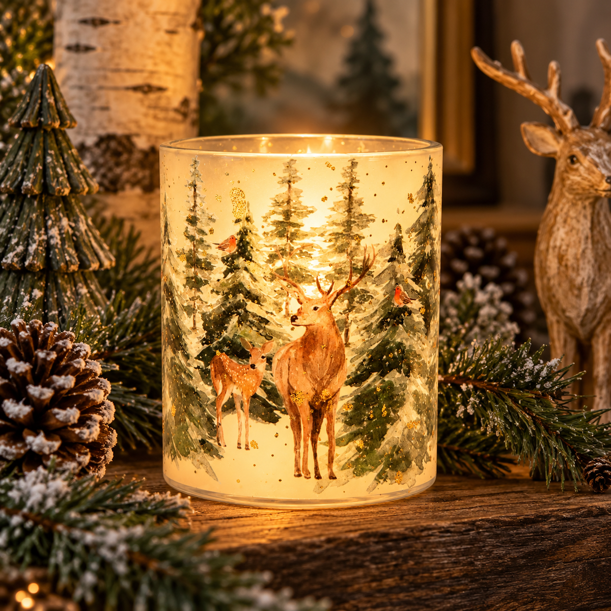 Snowy Forest Deer Votive Holder
