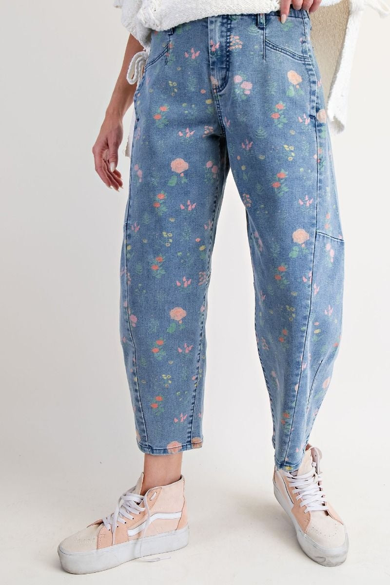Flower Print Washed Denim Barrel Pant By: Easel