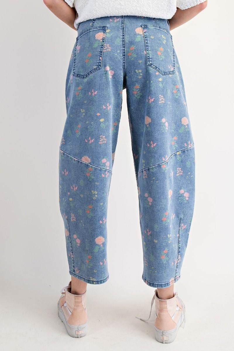 Flower Print Washed Denim Barrel Pant By: Easel