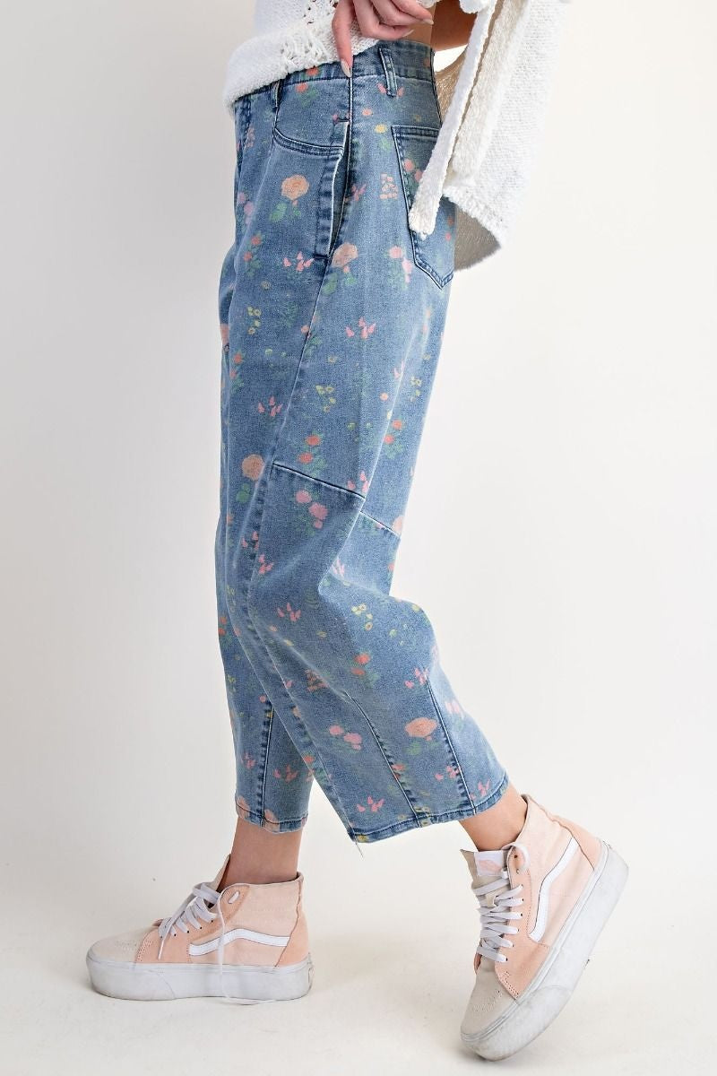 Flower Print Washed Denim Barrel Pant By: Easel