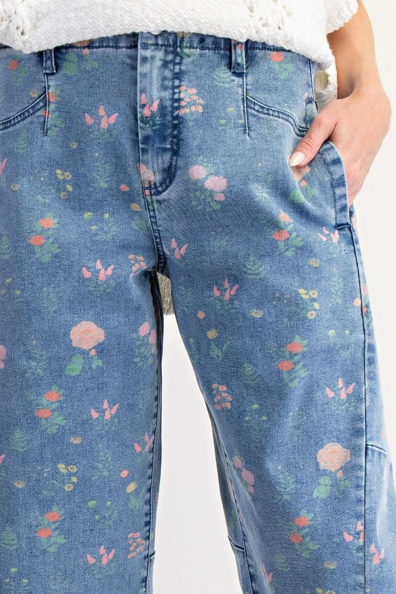 Flower Print Washed Denim Barrel Pant By: Easel