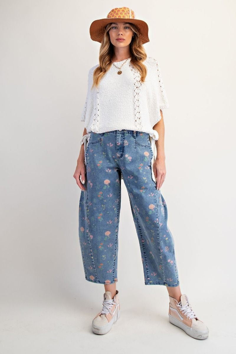 Flower Print Washed Denim Barrel Pant By: Easel