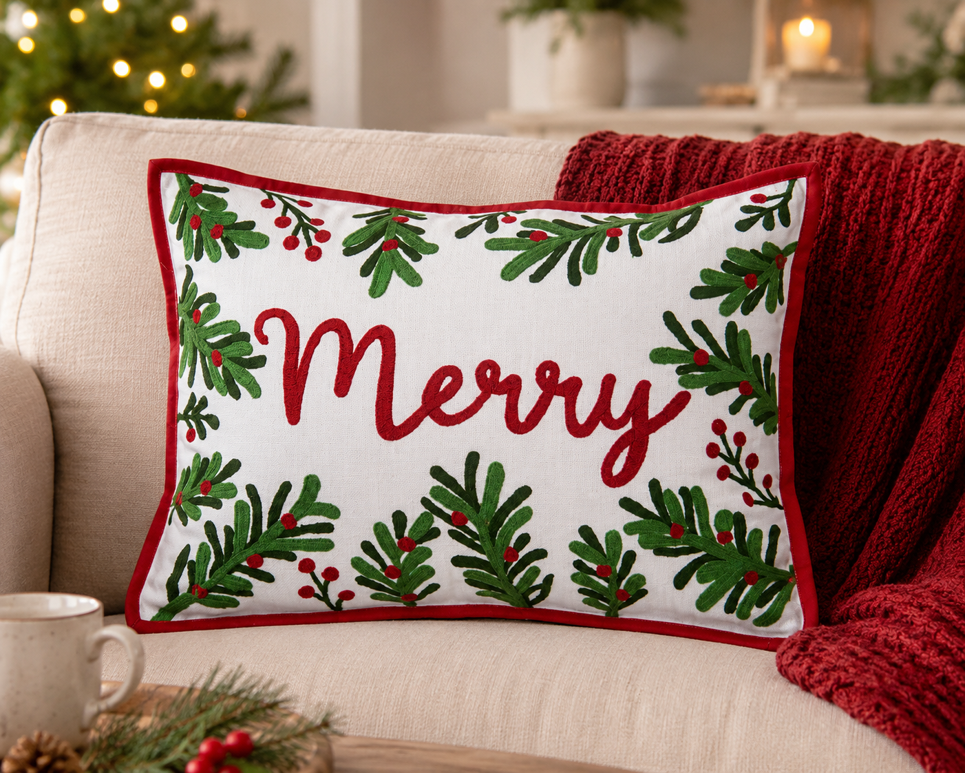 Botanical Merry Christmas Pillow