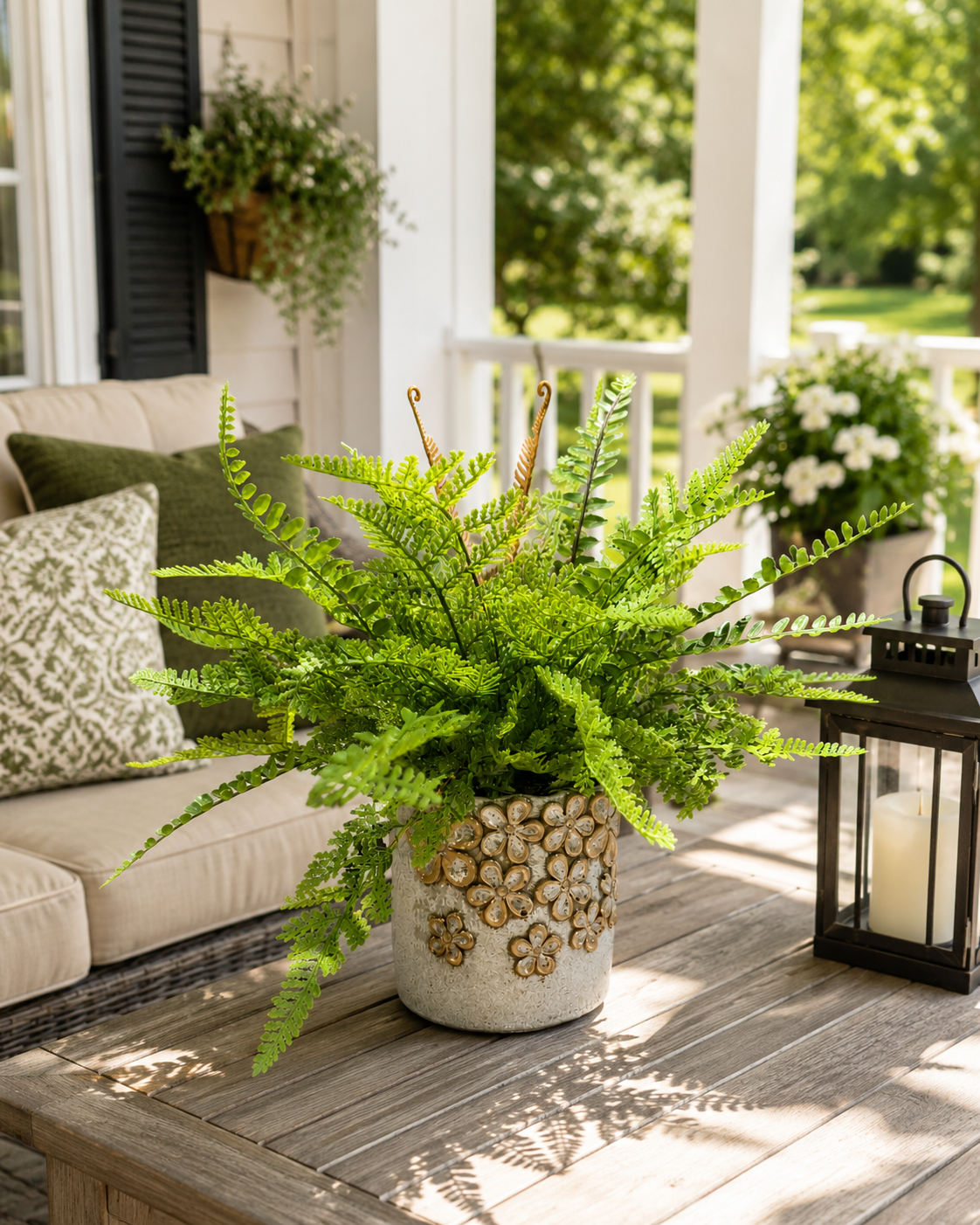 Custom Mixed Fern in Golden Flower Petal Container