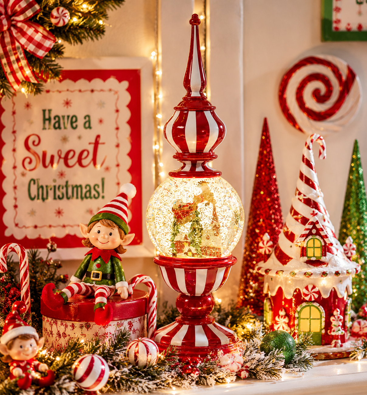 Red Finial Santa Snowglobe