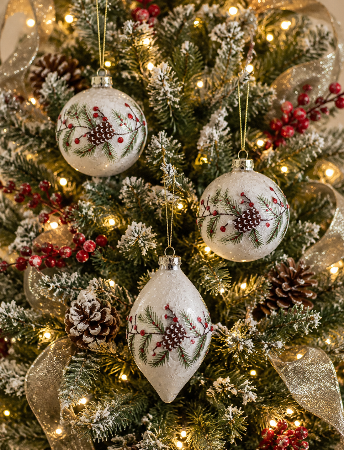 Glass Snowy Pine & Beaded Berry Ornament (3-Styles)
