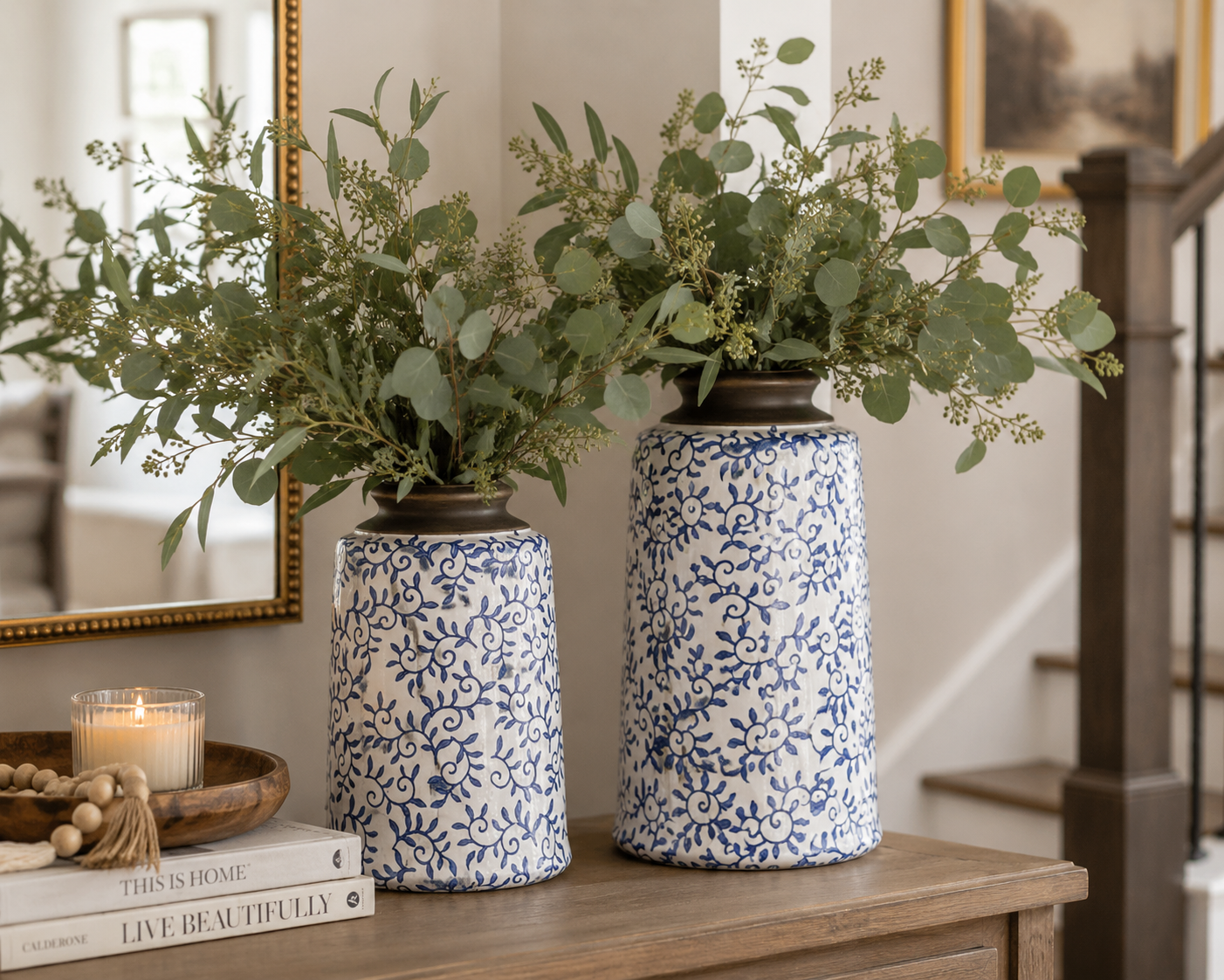 White Crackle Vase With Blue Vines (2-Sizes)
