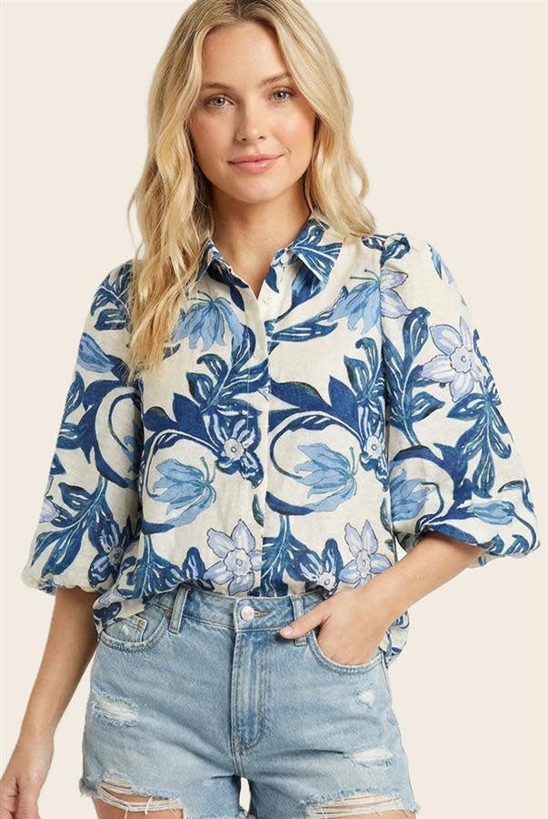 3/4 Sleeve Sapphire Blooms Button Down