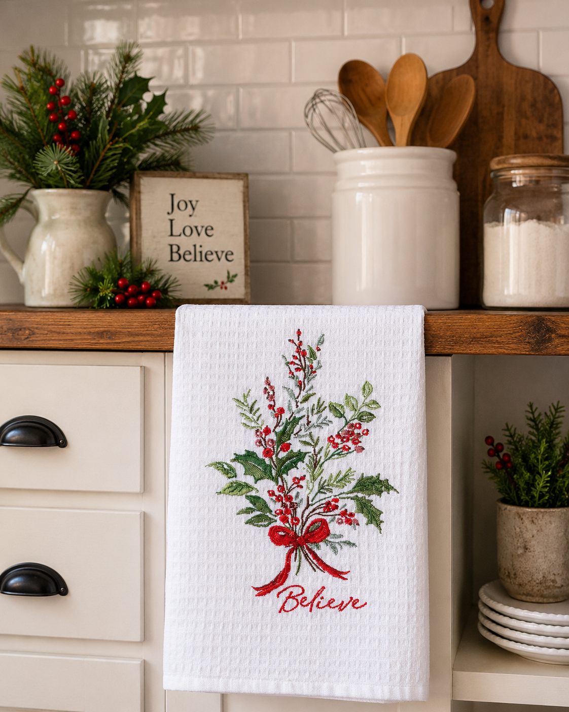 Embroidered Believe Holly Bouquet Towel