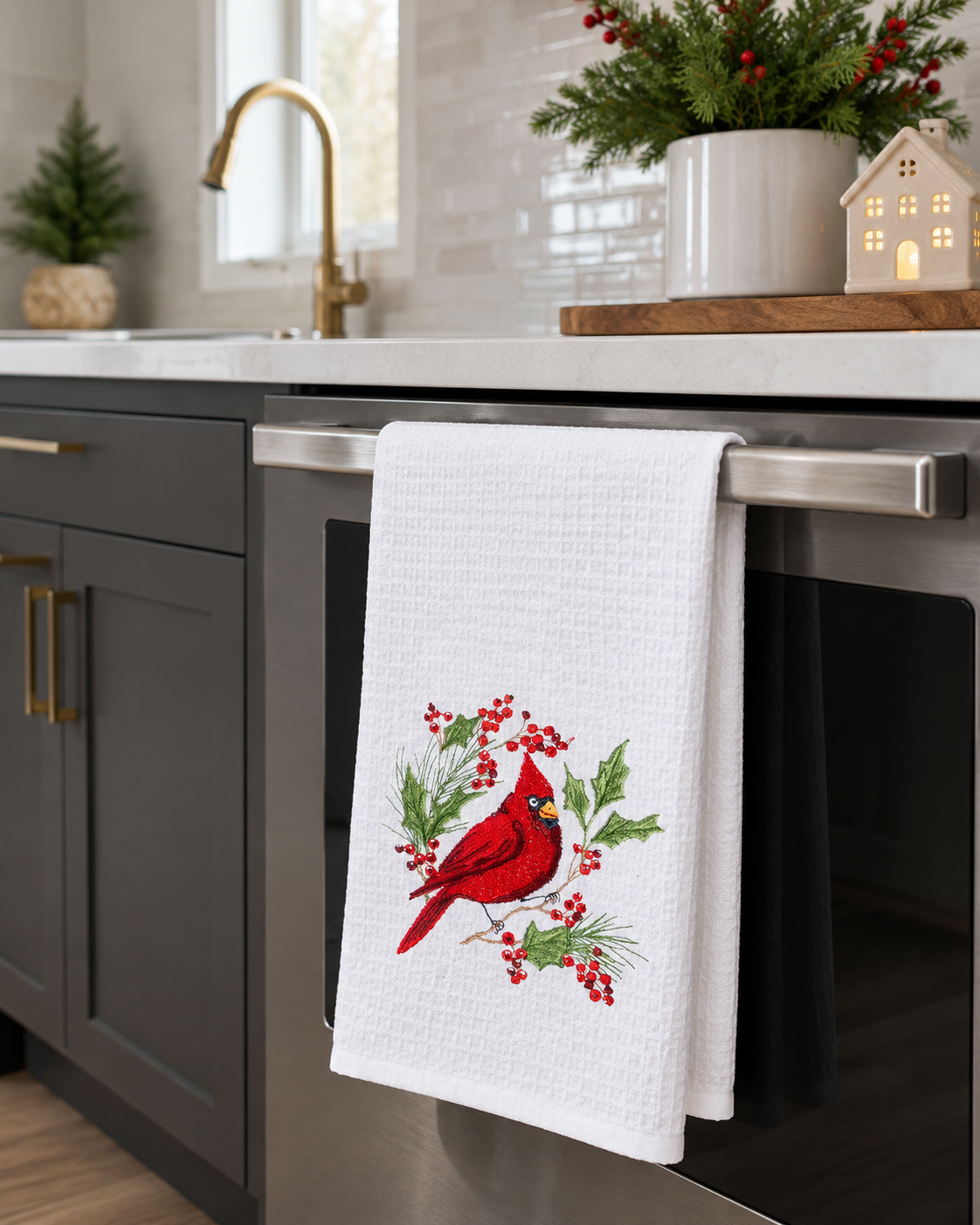 Embroidered  Cardinal & Holly Towel