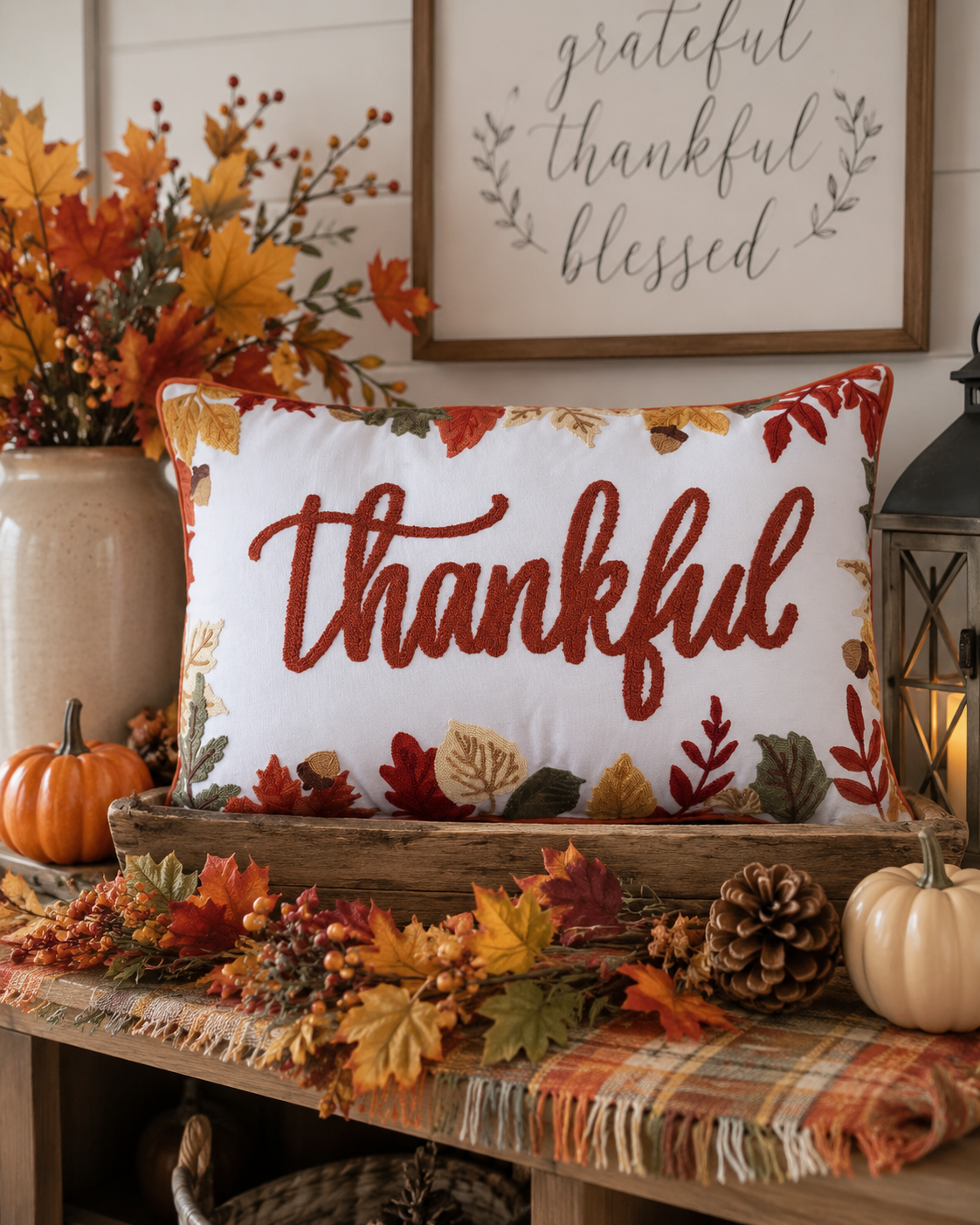 Embroidered Thankful Leaves Pillow