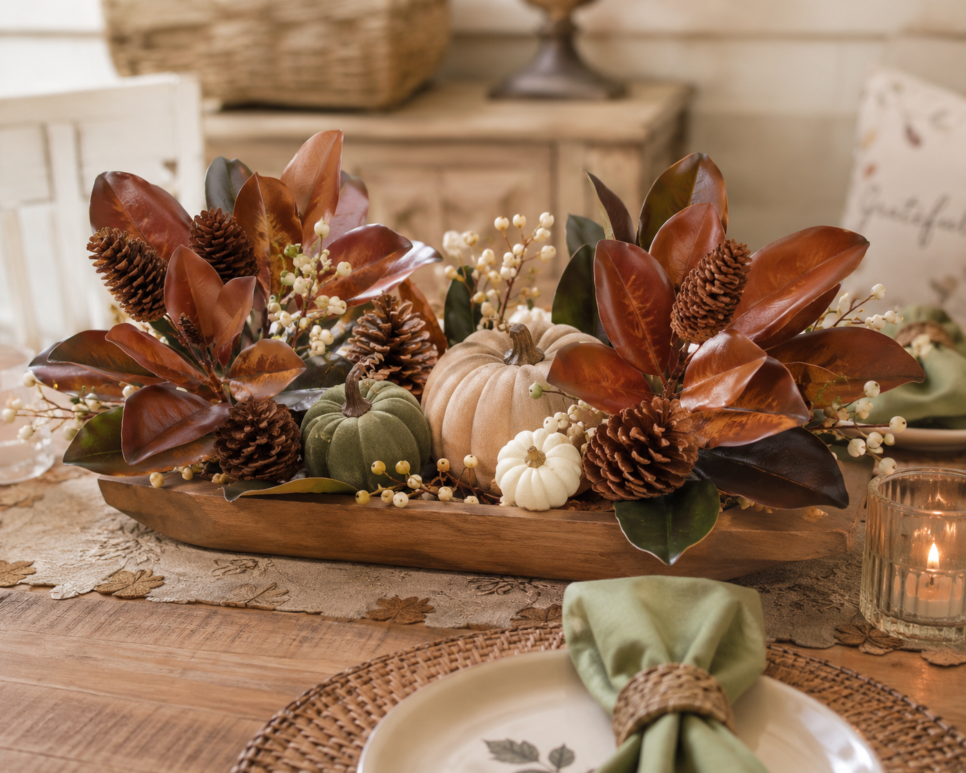 Fall Magnolia Leaf Bundle w/ Pinecone 17" Brown