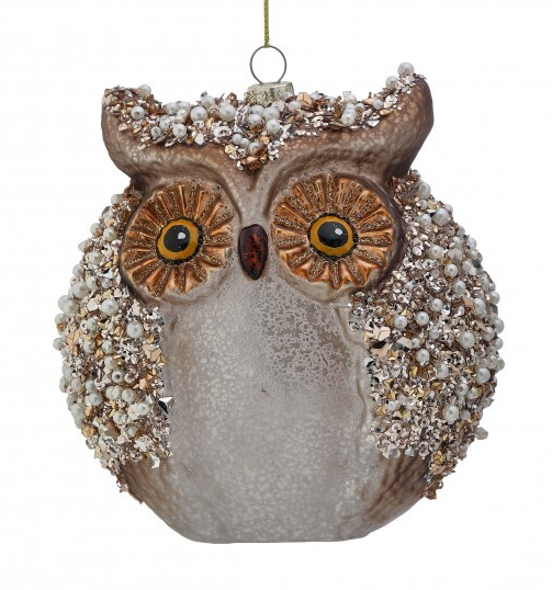 6" Mercury Glass w/ Jewels Owl Ornament