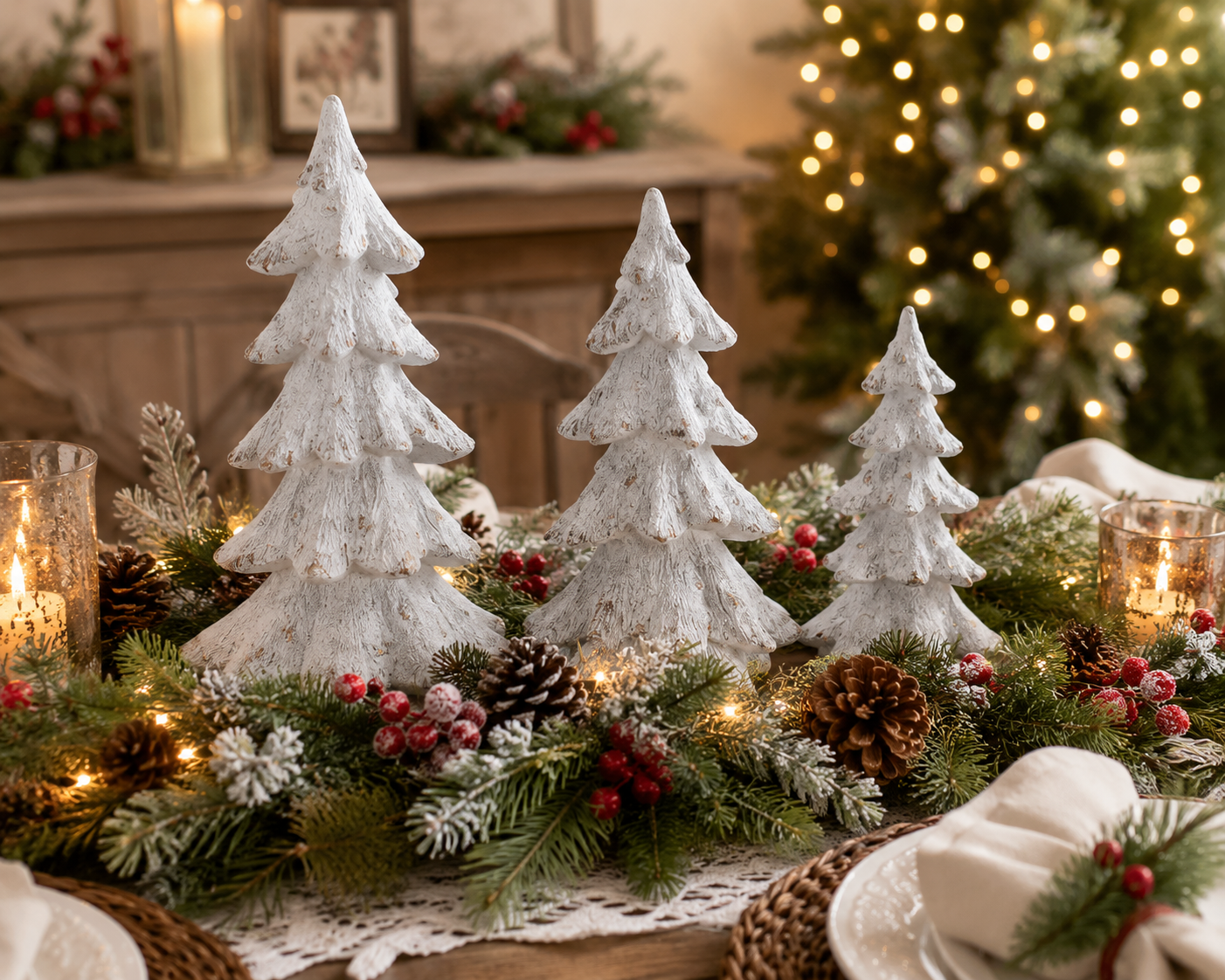 Set of 3 White Glistening Christmas Trees