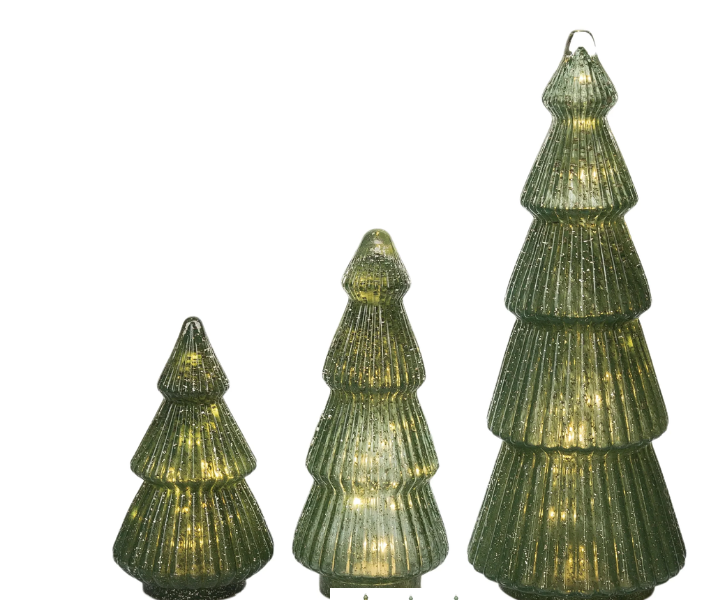 Set of 3 LED Green Glass Glitter Trees