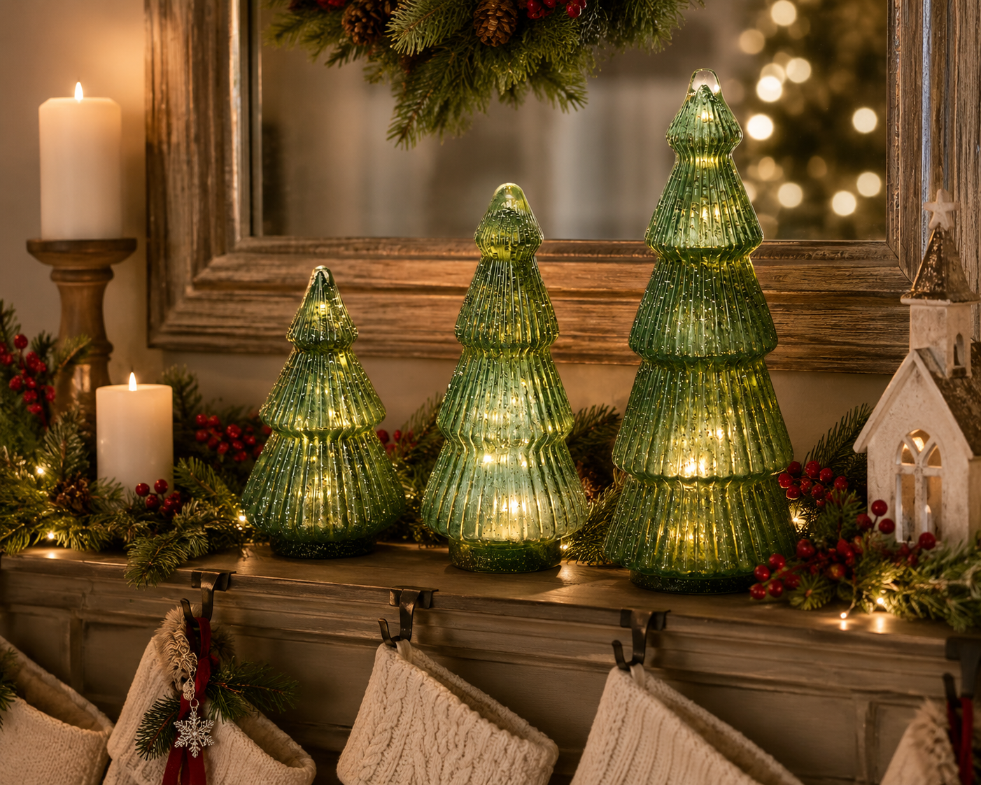 Set of 3 LED Green Glass Glitter Trees