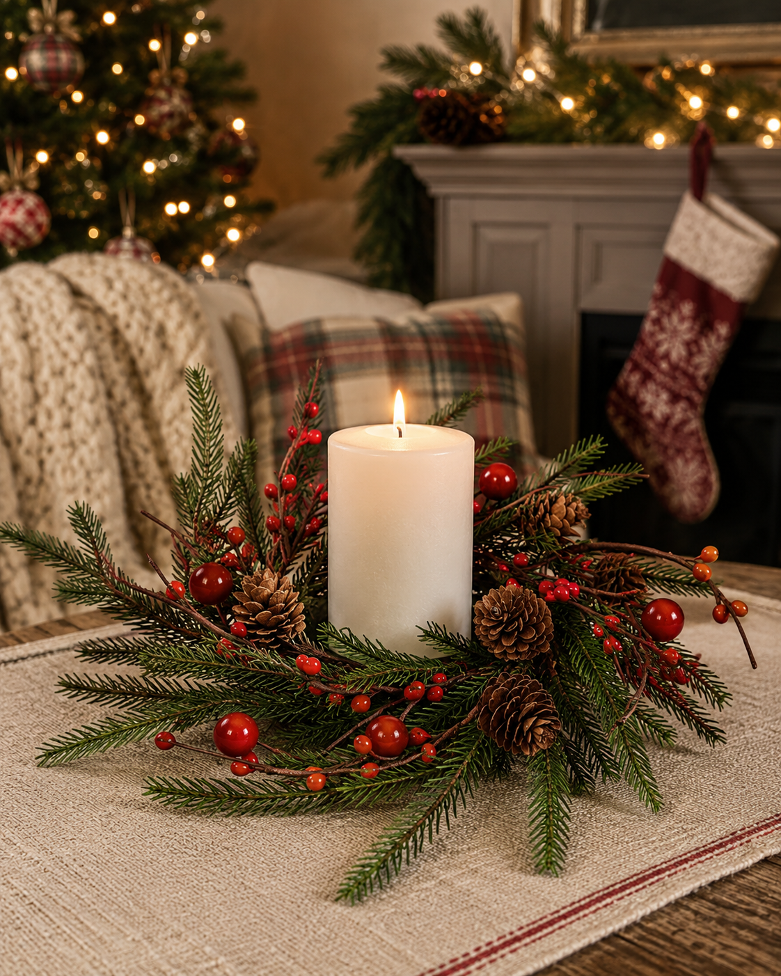 3.5" Norfolk Pine Red Berry Candlering