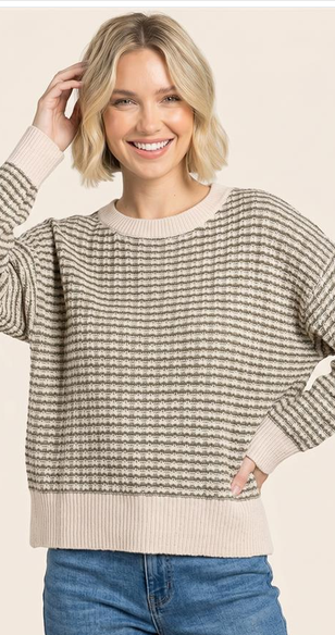 Textured Striped Crew Neck Pull Over Sweater By: Staccato