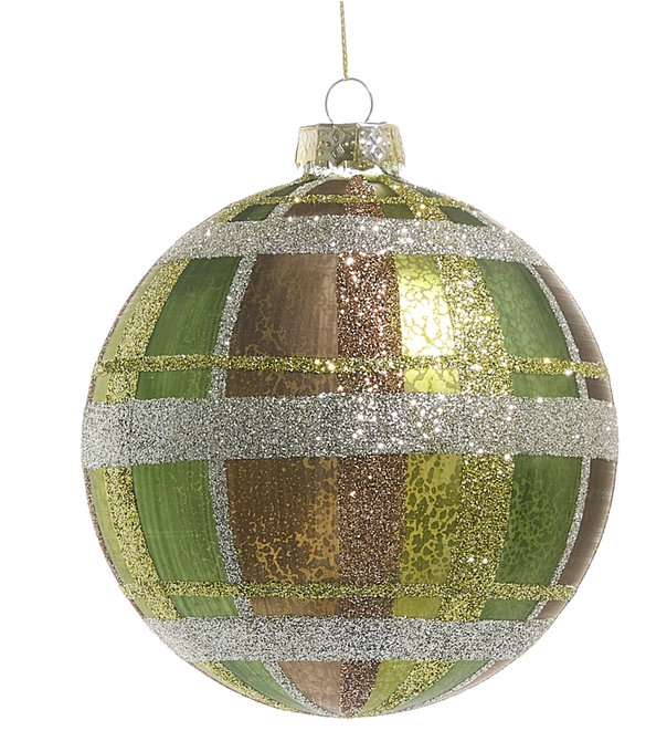 5" Plaid Glass Green Ball Ornament
