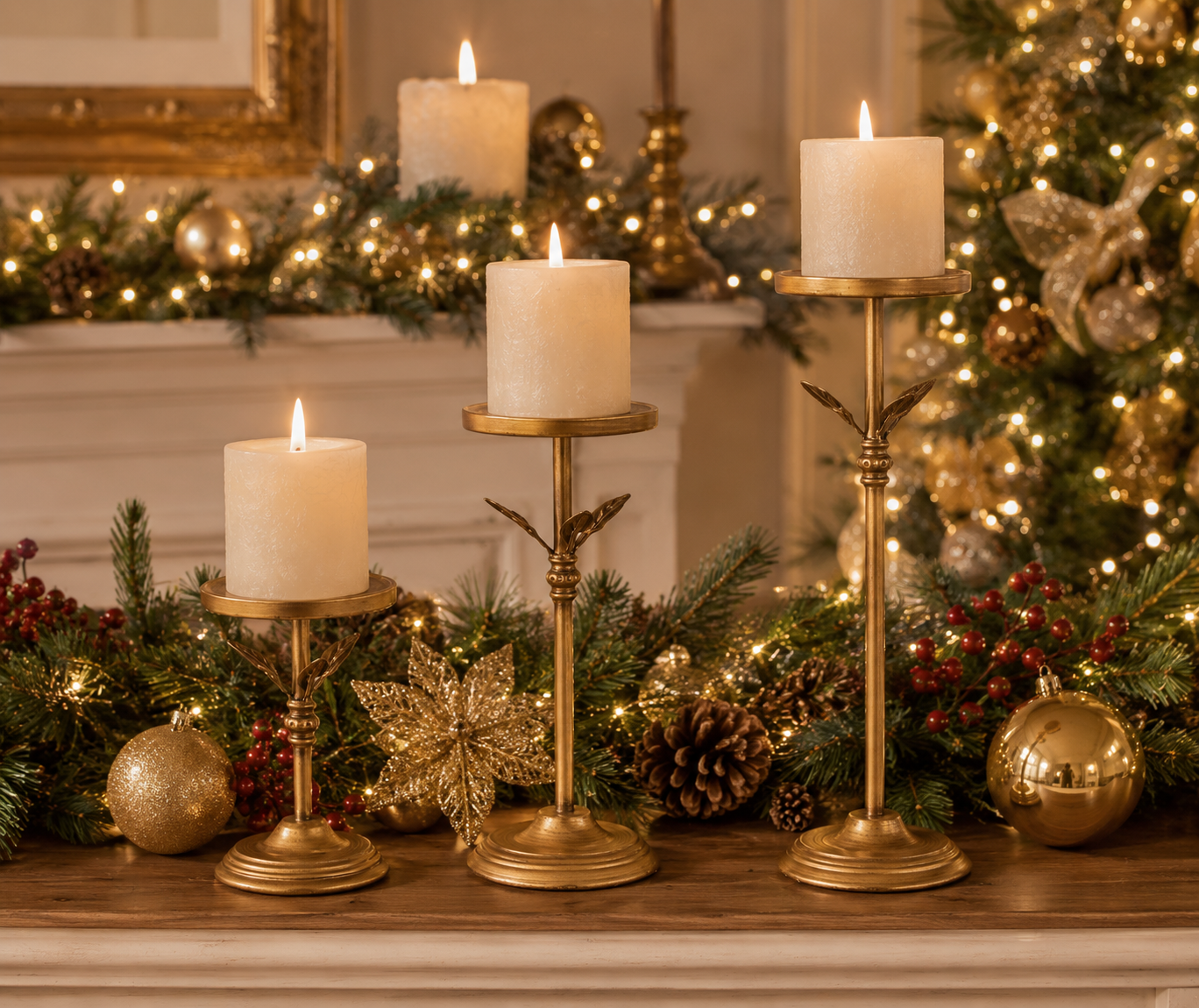 Set of 3 Antiqued Golden Pedestal Candle Holders