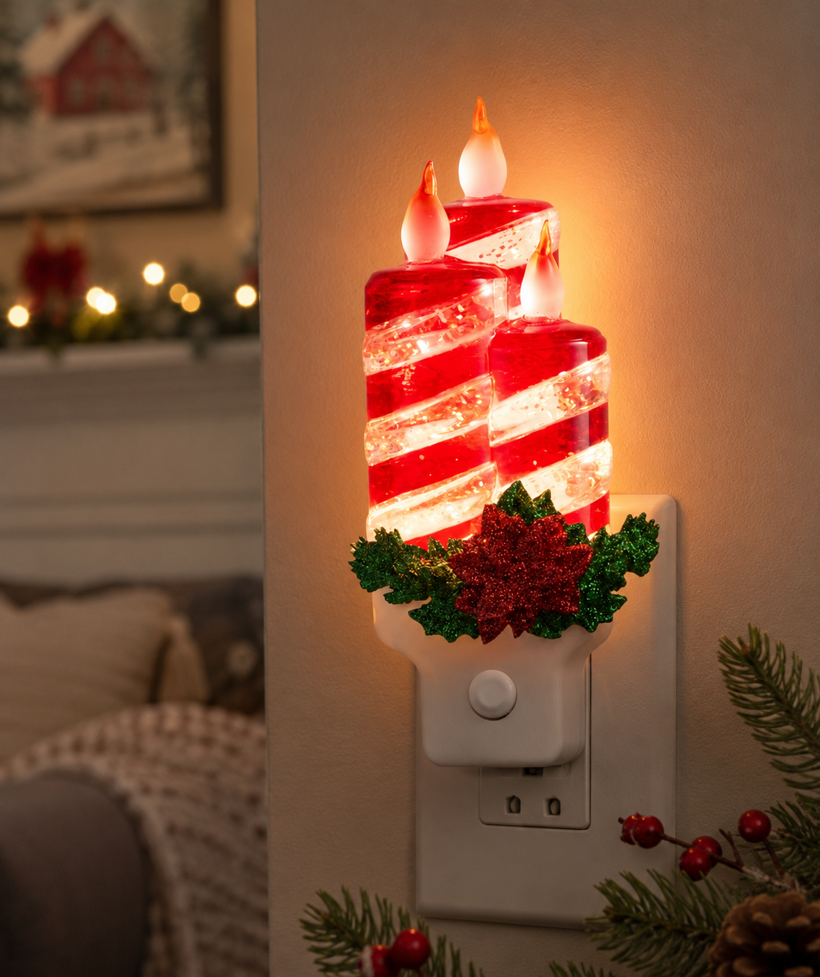 Swirling Glitter Peppermint Candle Night Light