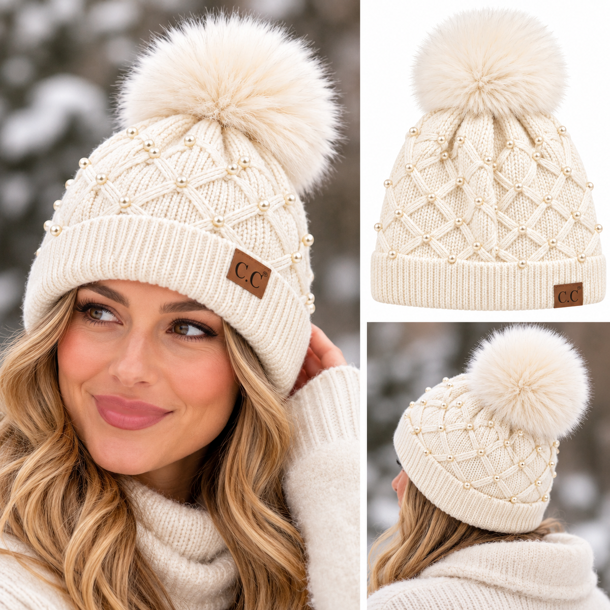 Pearl Crochet Pom Pom Beanie