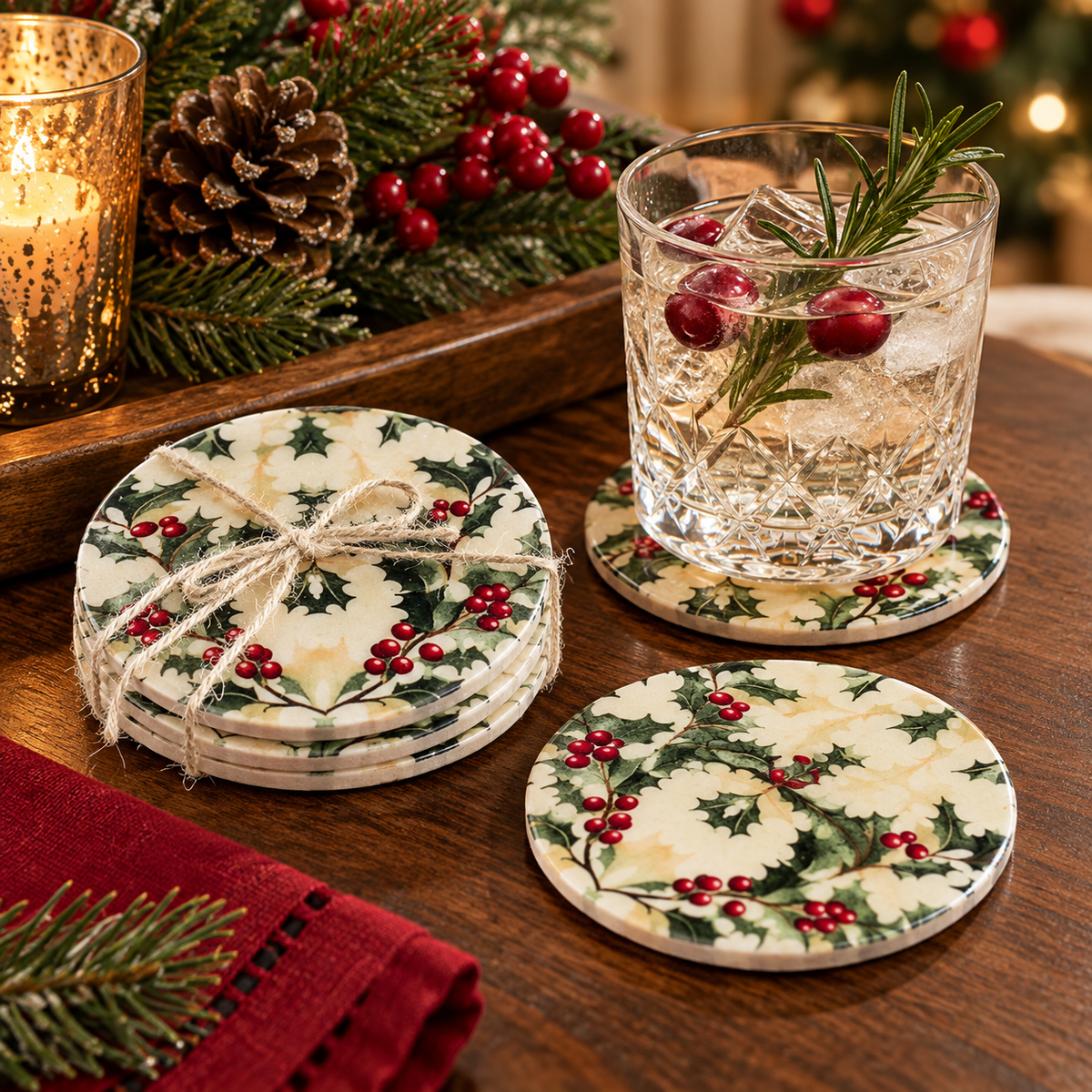 Set of 4 Holly Berry Coasters