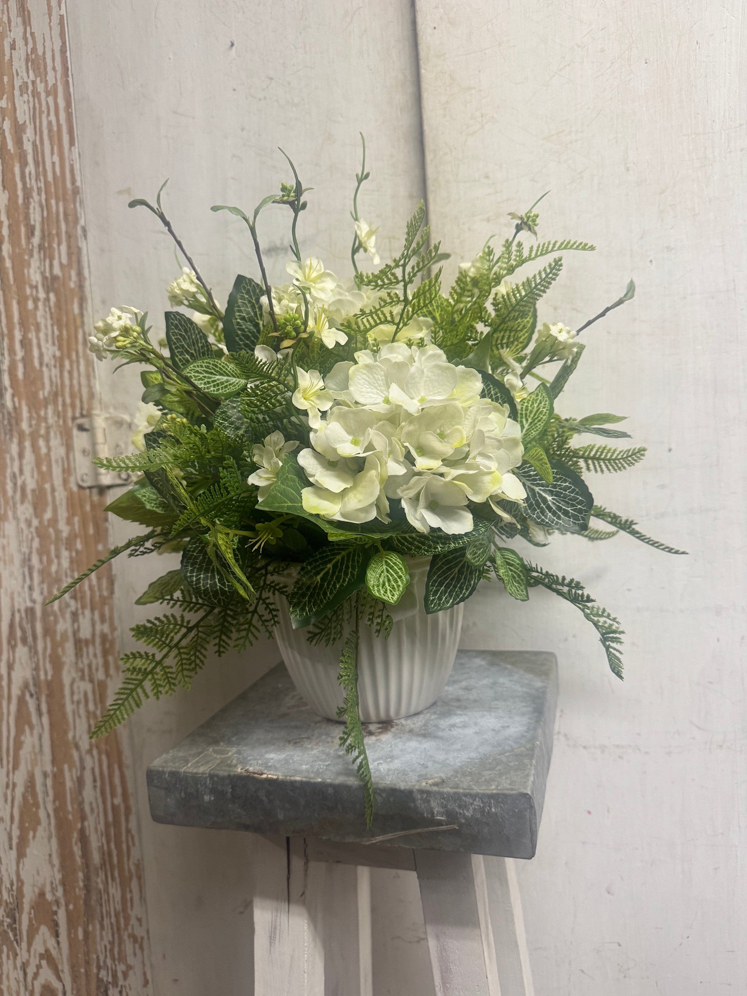 Custom Hydrangea & Rose Myrtle in Ribbed Container