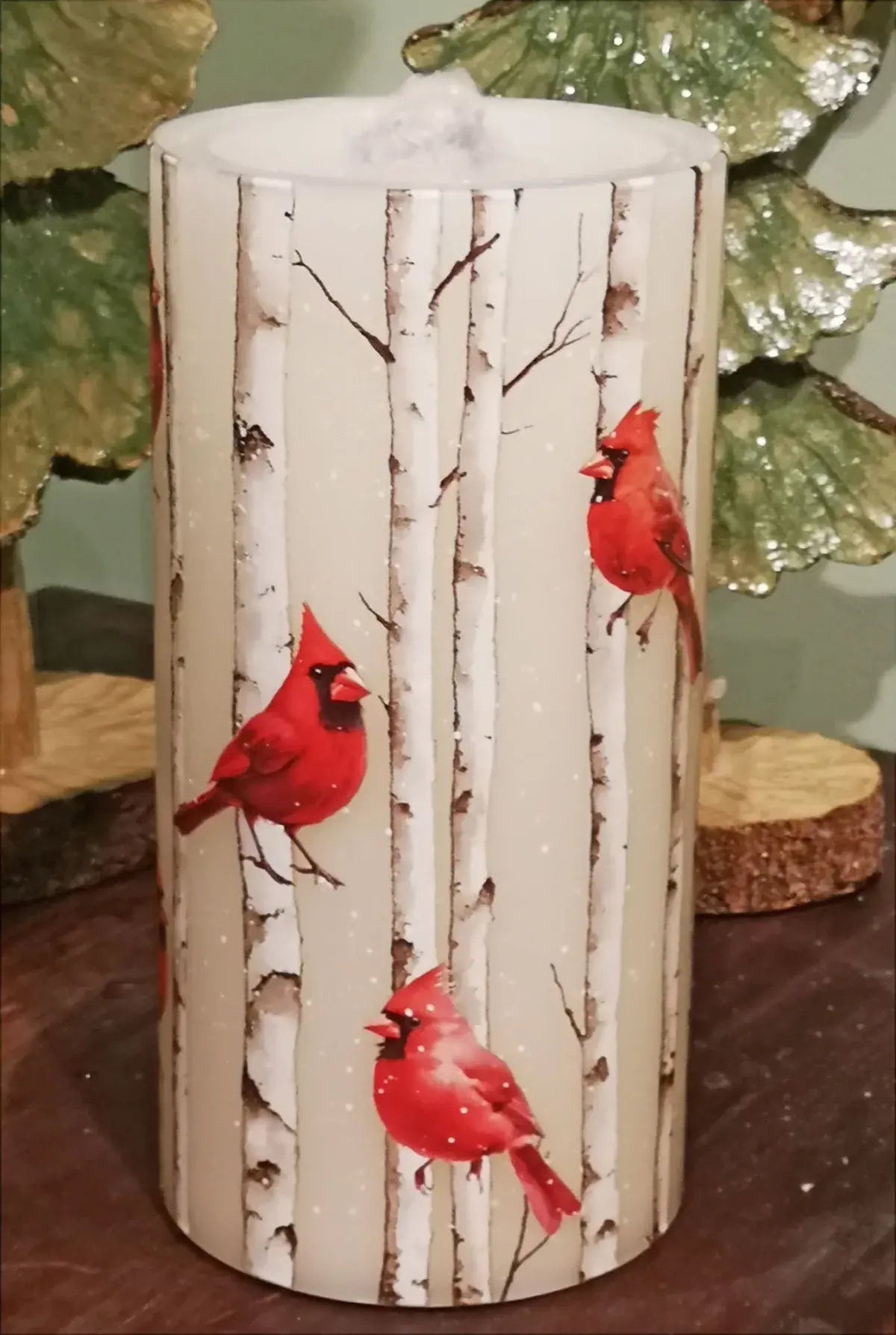 Red Cardinal on Birch Fountain Candle 4 x 8
