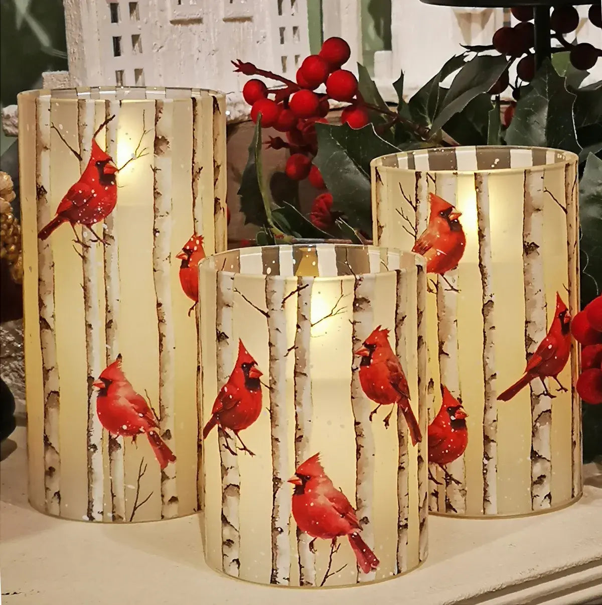 Set of 3 Cardinal on Birch LED Battery Operated Candles